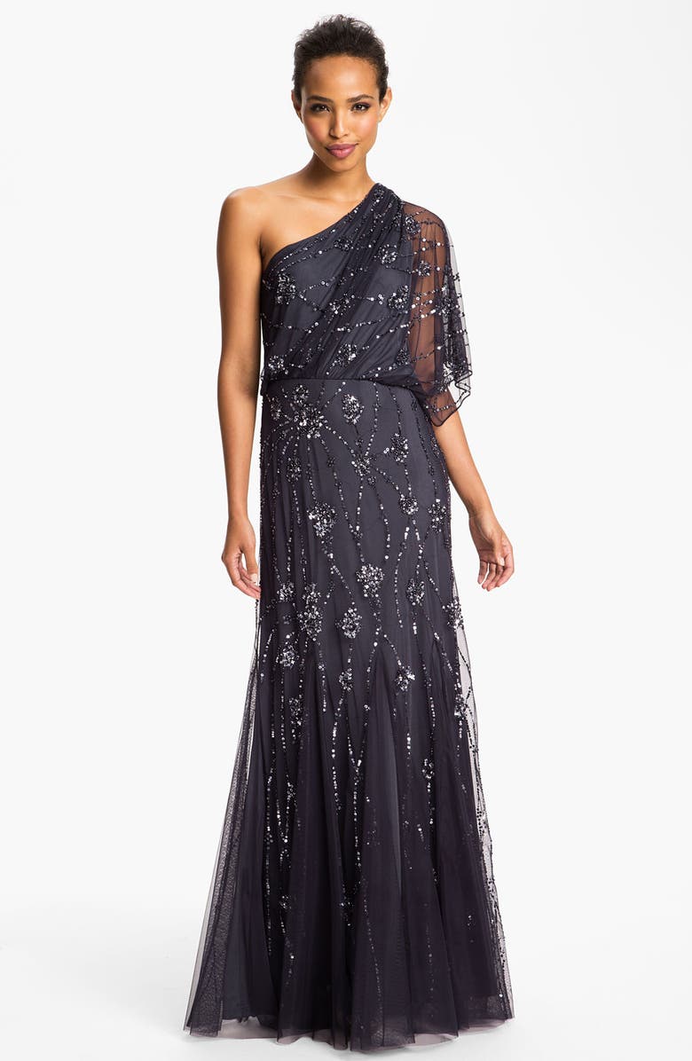 Adrianna Papell Beaded One Shoulder Blouson Gown, Main, color, 