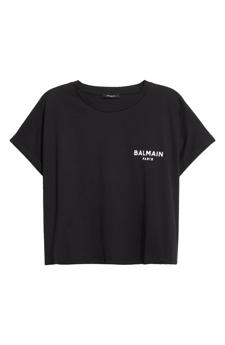 Balmain Flocked Logo Crop T-Shirt, Alternate, color,