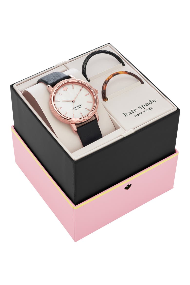 'metro' round leather strap watch, 34mm, Alternate, color, BLACK/ MOP/ ROSE GOLD