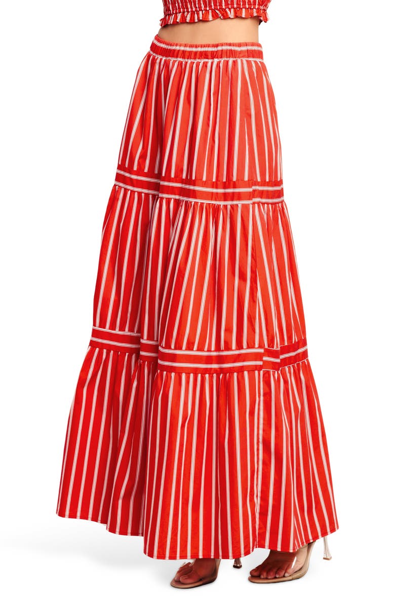 FLYING TOMATO Stripe Tiered Cotton Maxi Skirt, Alternate, color, Red/ White