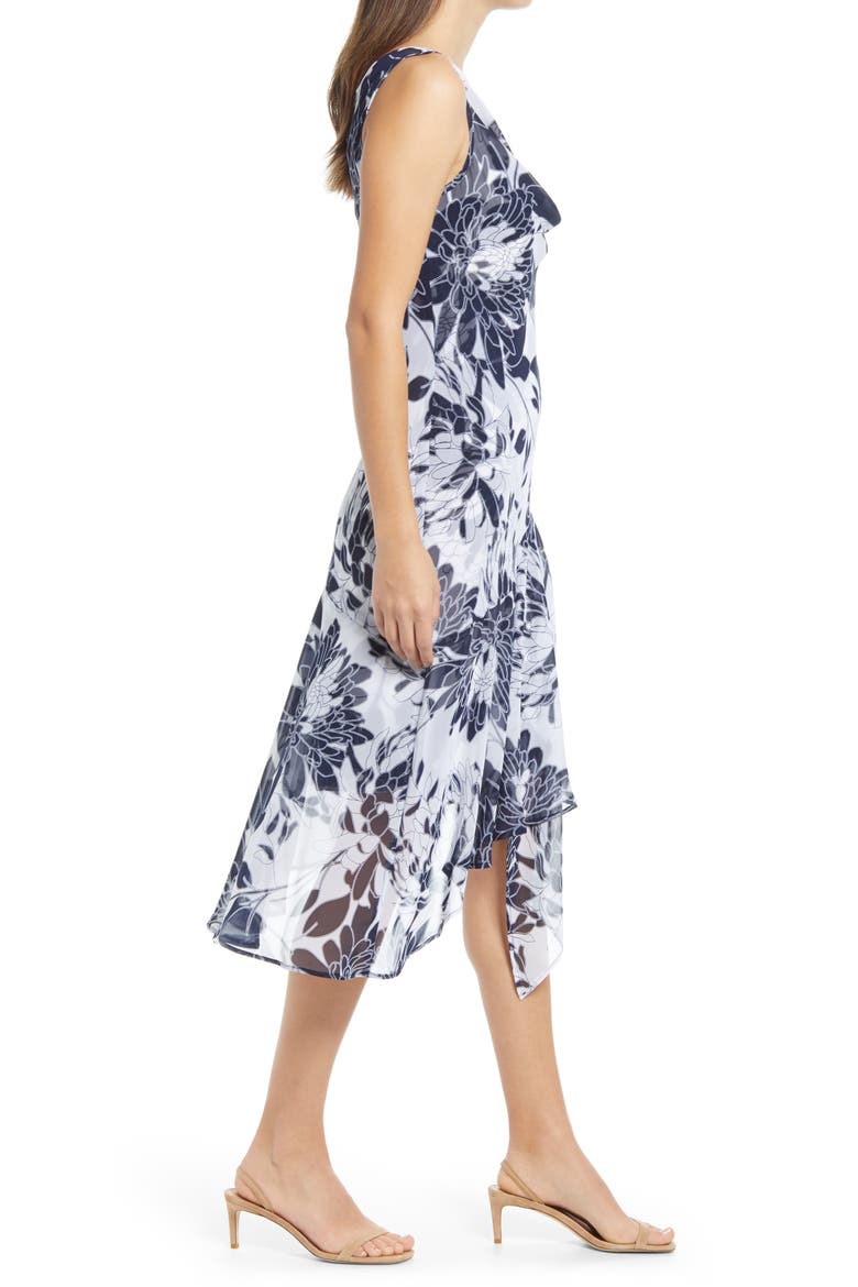 Floral Print Chiffon Asymmetrical Hem Dress, Alternate, color, NAVY