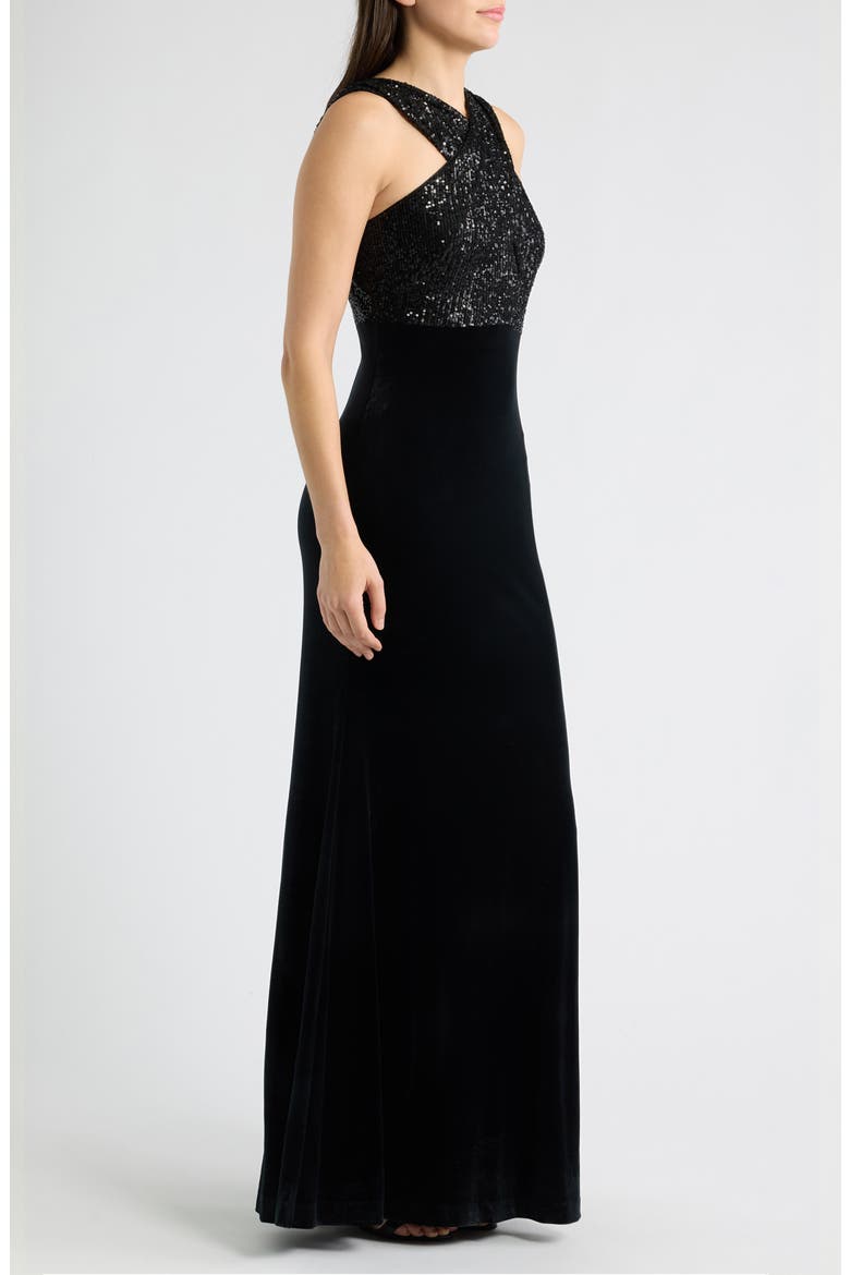 Sequin Cross Neck Mixed Media Gown, Alternate, color, BLACK