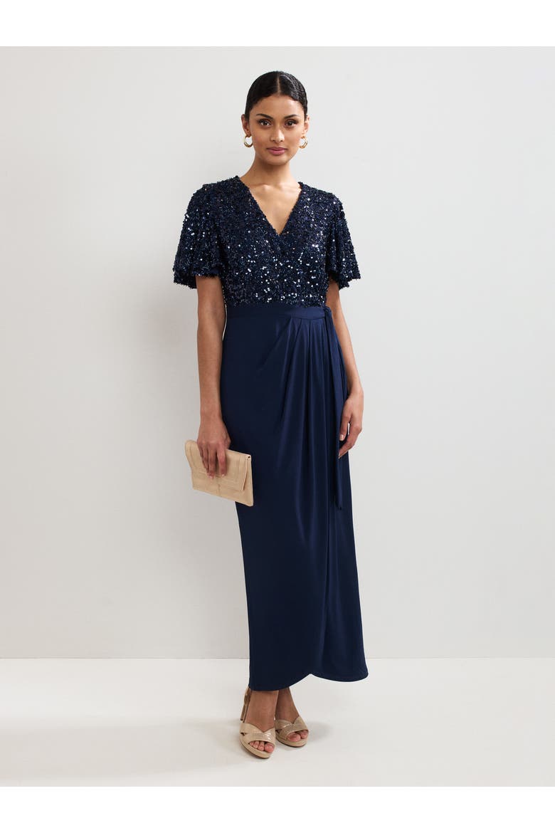 Janessa Sequin Wrap Maxi Dress, Main, color, Navy
