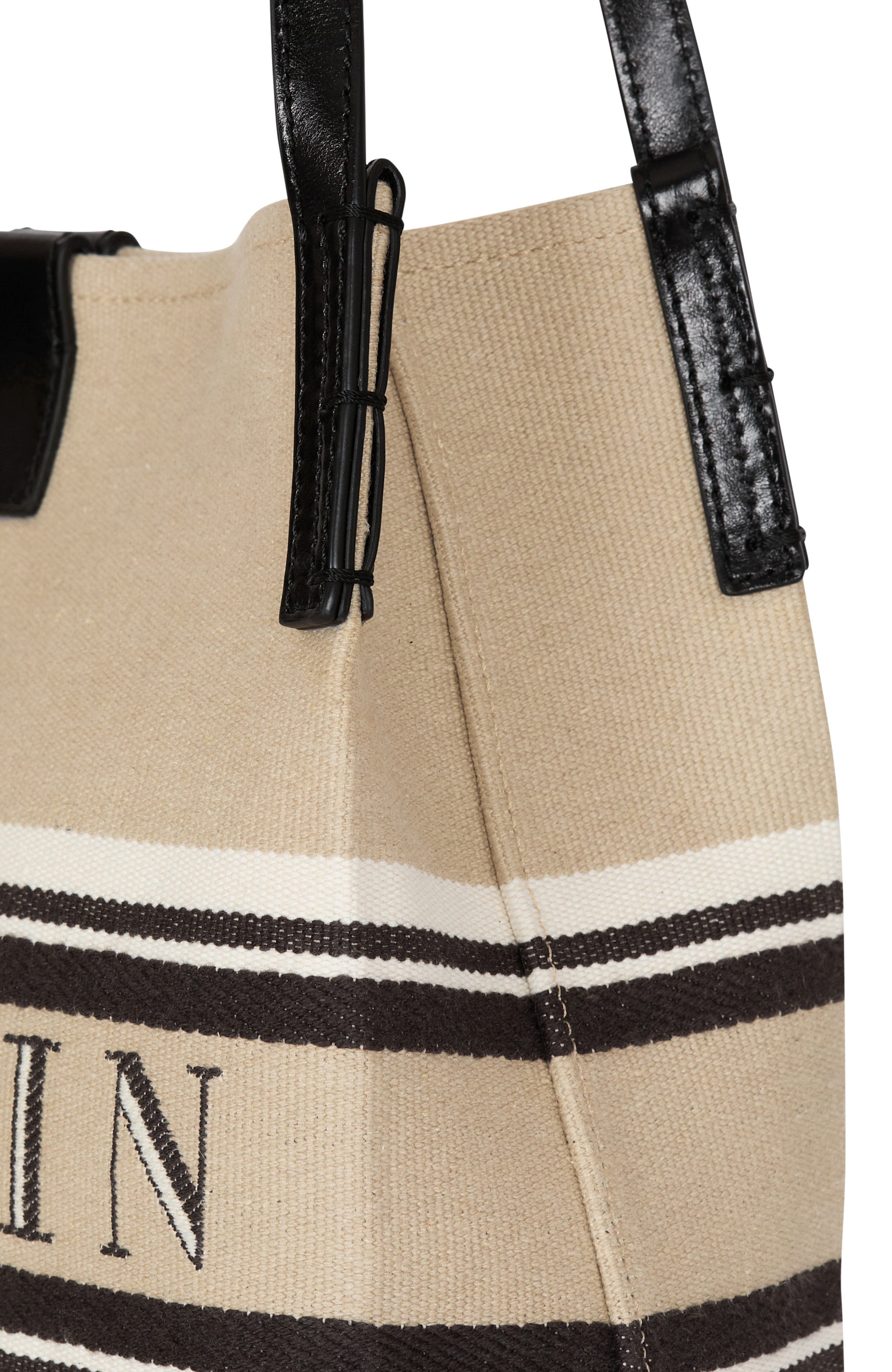 Balmain Small Release Shopper bag in canvas and calfskin, Alternate, color, Beige