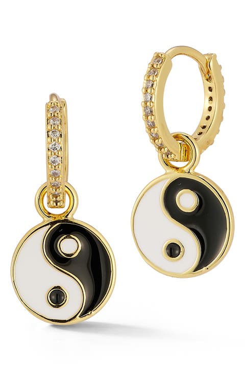 Cubic Zirconia Yin & Yang Drop Huggie Hoop Earrings
