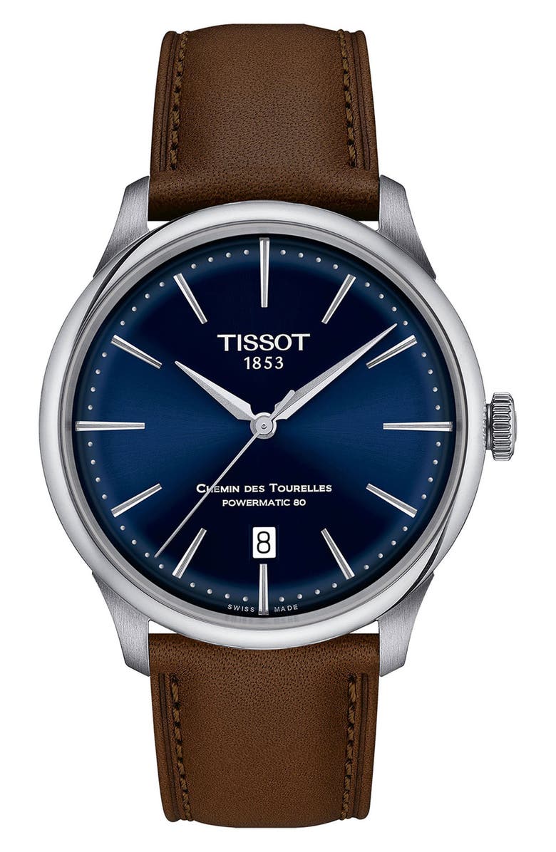 Tissot Chemin des Tourelles Powermatic 80 Leather Strap Watch, 39mm, Main, color, 