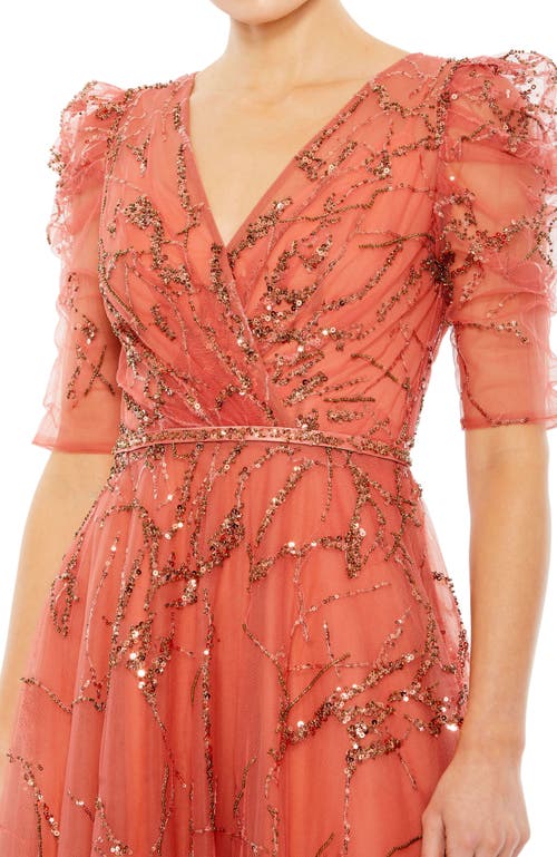 Mac Duggal Embellished Gathered Puff Sleeve Faux Wrap Gown In Cinnamon