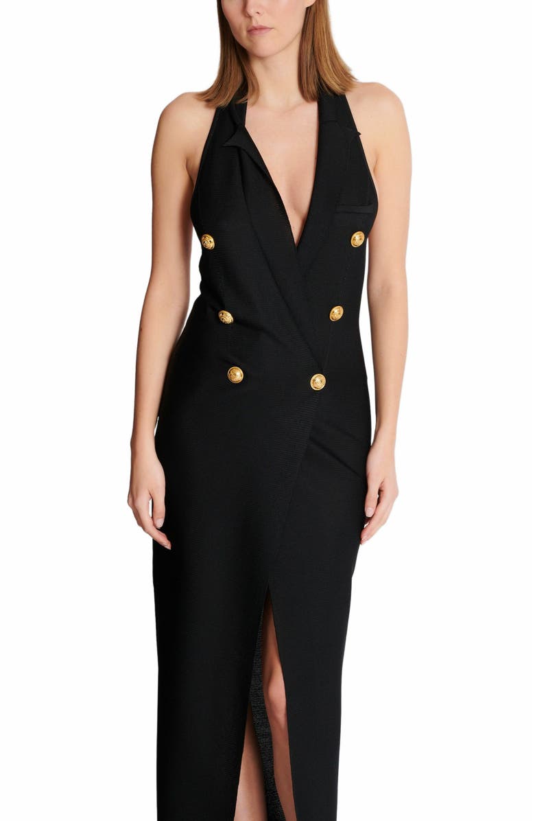 Balmain Long Halterneck Knit Dress, Alternate, color, Black