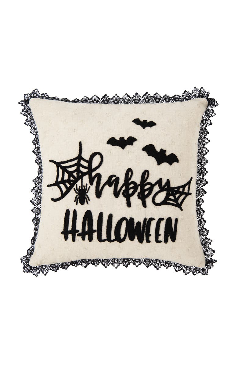 C&F Home Happy Halloween Embroidered Bats and Spiderweb Throw Pillow, 18" x 18", Main, color, Beige
