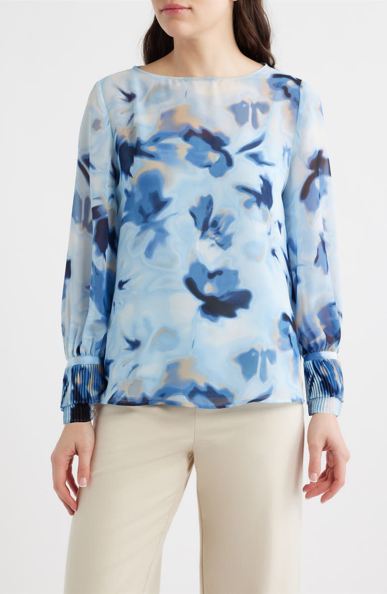 Anne Klein Pleated Tiered Cuff Top, Main, color, Lake Shore