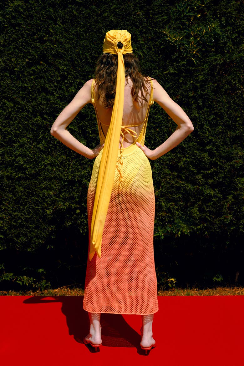 The Solar Reflections Sunset Ombre Crochet Maxi Dress, Alternate, color, Yellow