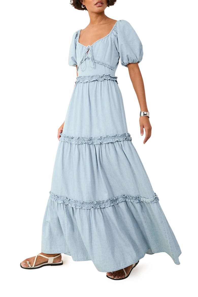 Tiered Puff Sleeve Chambray Maxi Dress, Alternate, color, BLUE