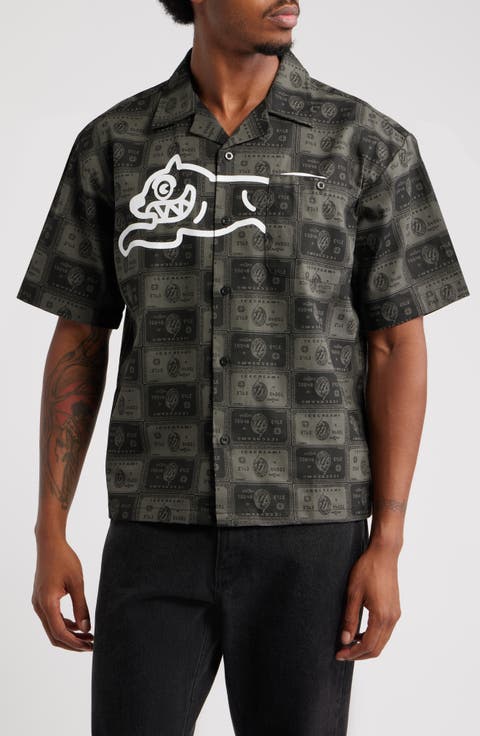 Black Card Graphic Camp Shirt