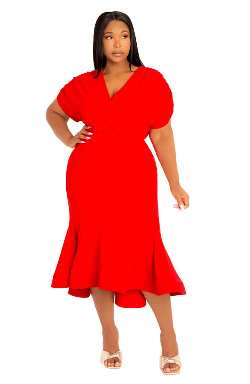 Buxom Couture Wrap Front Flounce Hem High-low Mermaid Midi Dress In Red