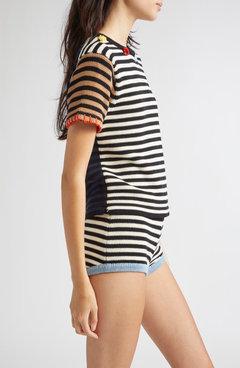 YanYan Bao Embellished Colorblock Stripe Cotton Crewneck T-Shirt, Alternate, color, Black/ White