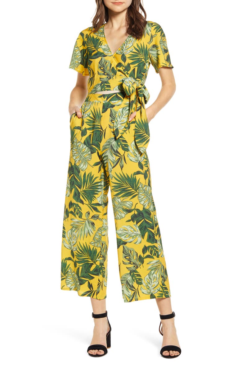 MOON RIVER Tropical Palm Print Wrap Jumpsuit, Main, color,
