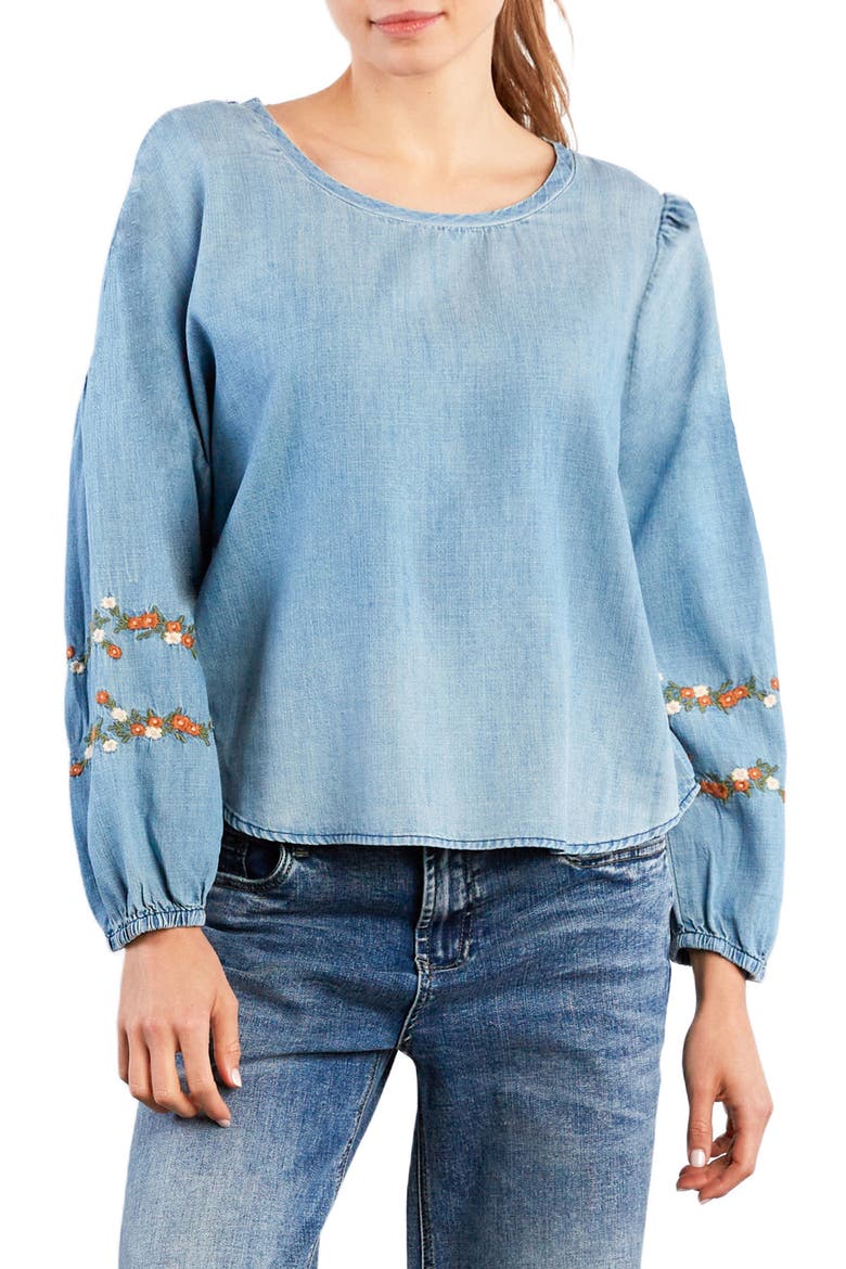 Floral Embroidery Cotton Blend Poet Top, Main, color, DENIM