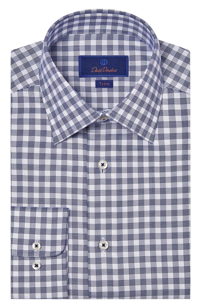 David Donahue Trim Fit Check Cotton Dress Shirt, Main, color, Navy/ White