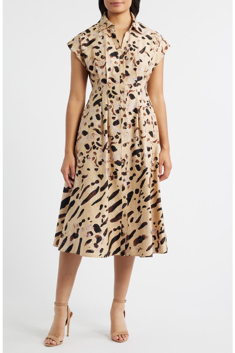 Abstract Animal Print Stretch Cotton Midi Shirtdress, Main, color, BROWN MULTI