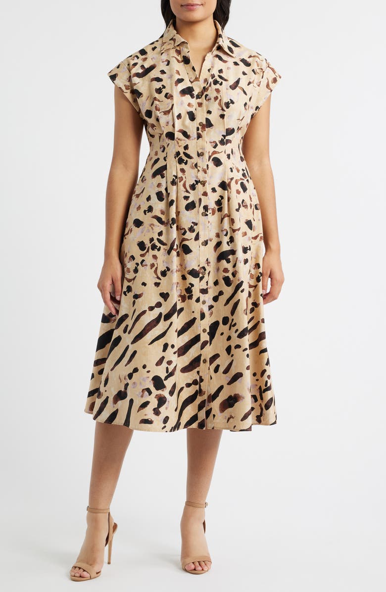 Julia Jordan Abstract Animal Print Stretch Cotton Midi Shirtdress, Main, color, Brown Multi