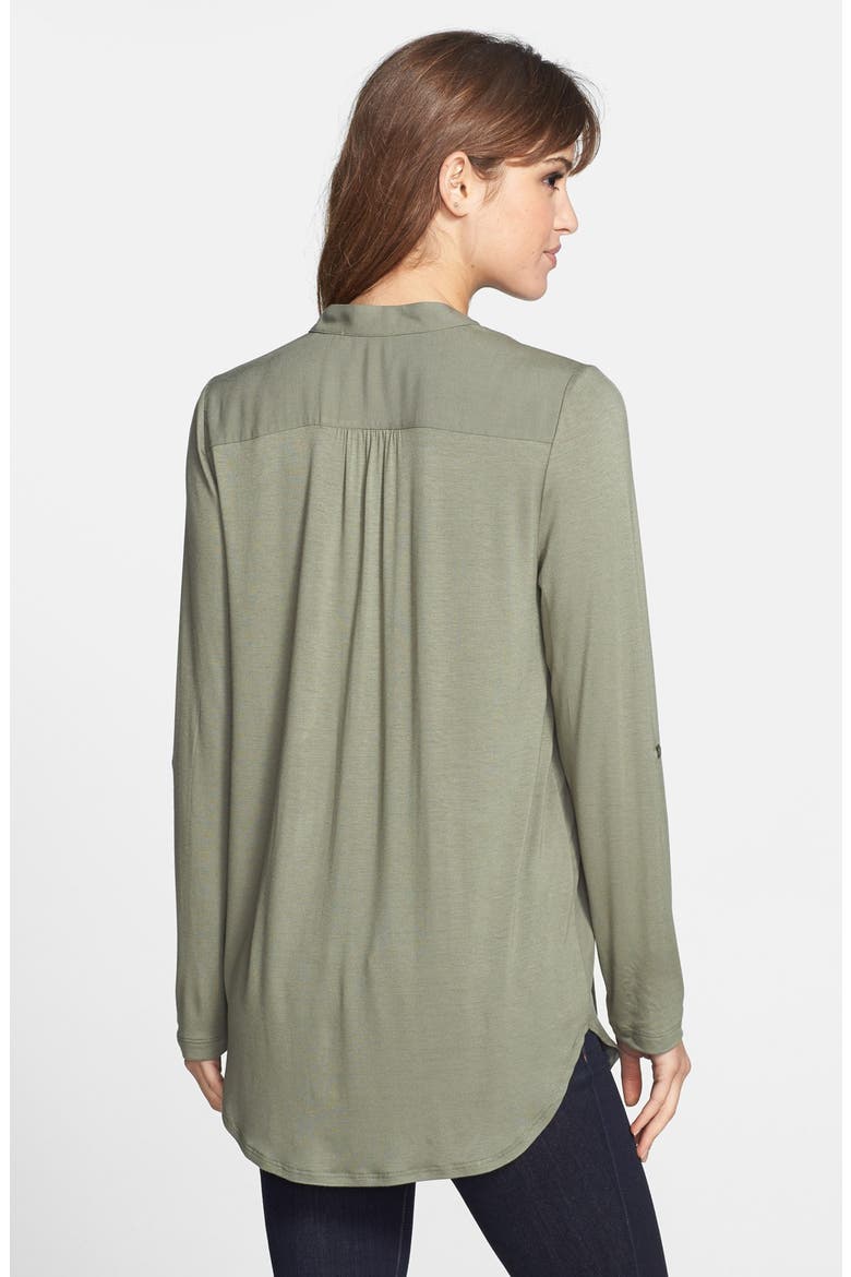 Mixed Media Roll Sleeve Top, Alternate, color, OLIVE GROVE