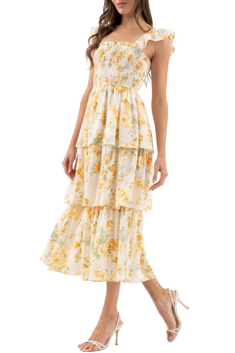 Floral Tiered Midi Dress, Alternate, color, YELLOW MULTI