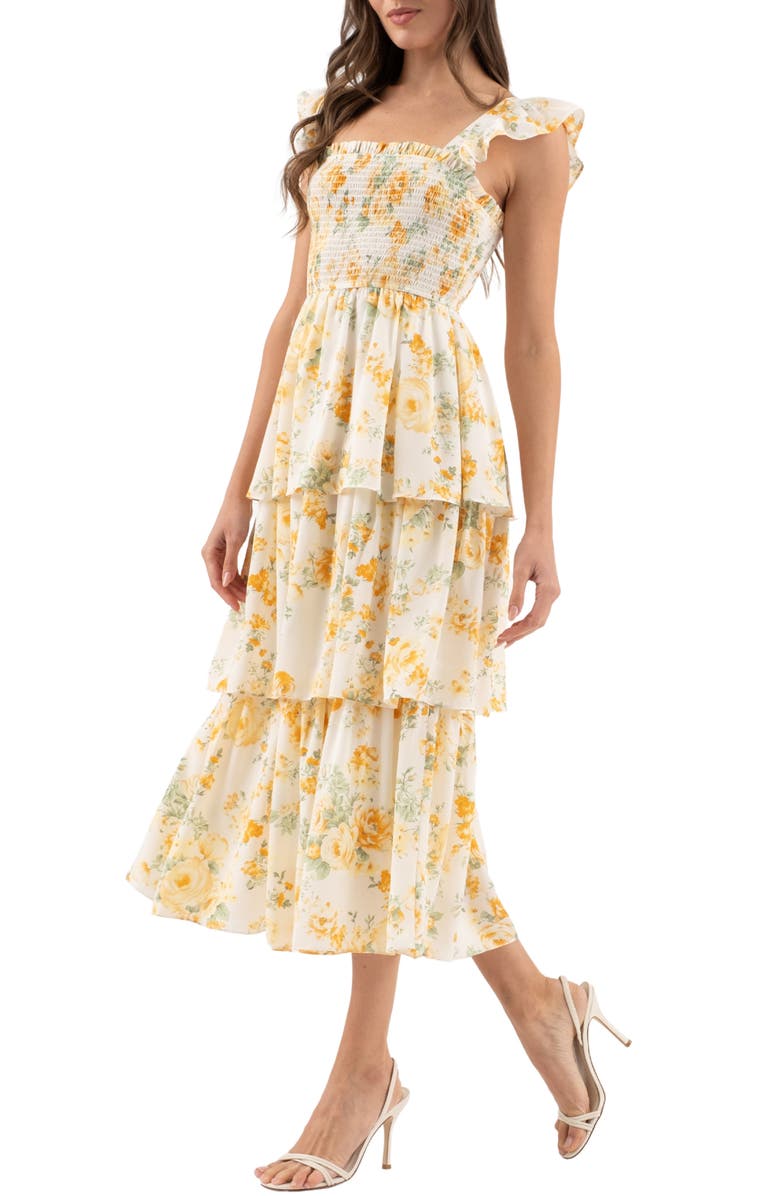 AUGUST SKY Floral Tiered Midi Dress, Alternate, color, Yellow Multi