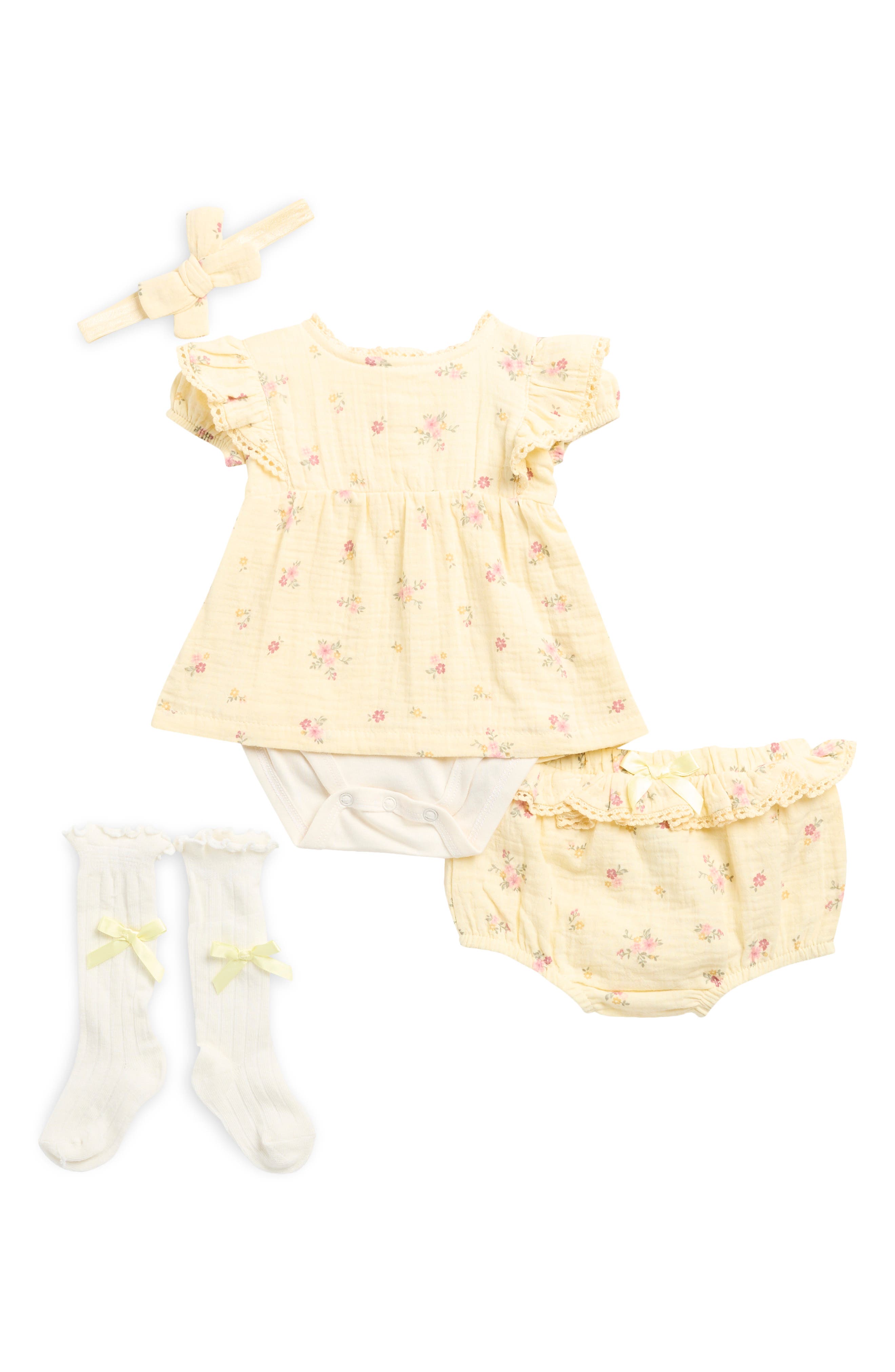 Nicole Miller Floral Cotton Gauze Dress Bodysuit & Bloomers Set