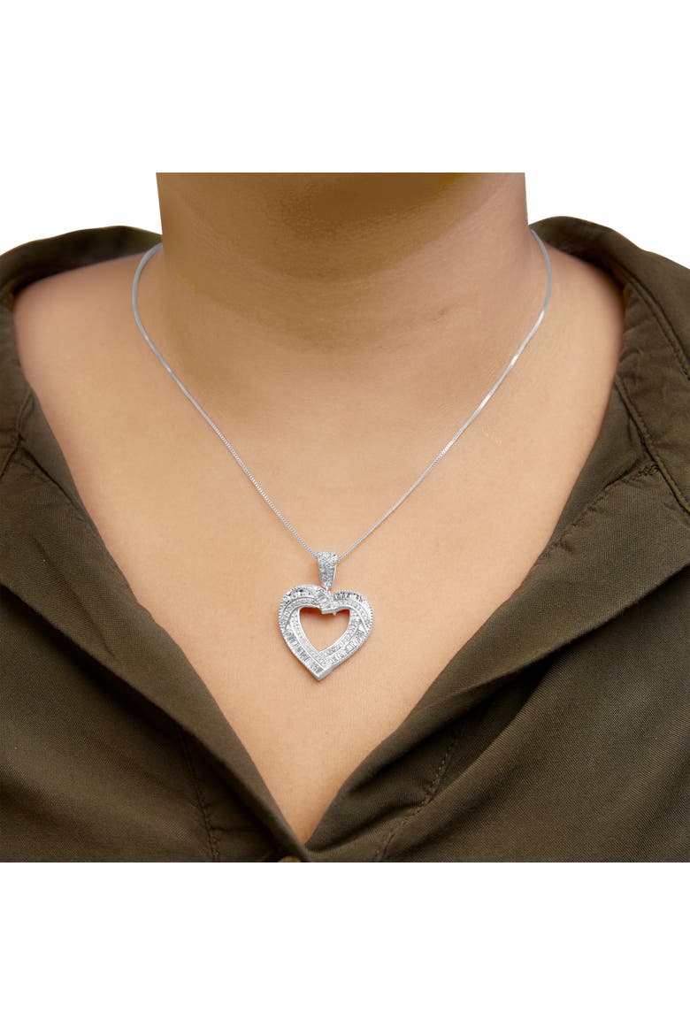 .925 Sterling Silver 1.00 Cttw Baguette and Round Diamond Open Heart Pendant Necklace, Alternate, color, Silver