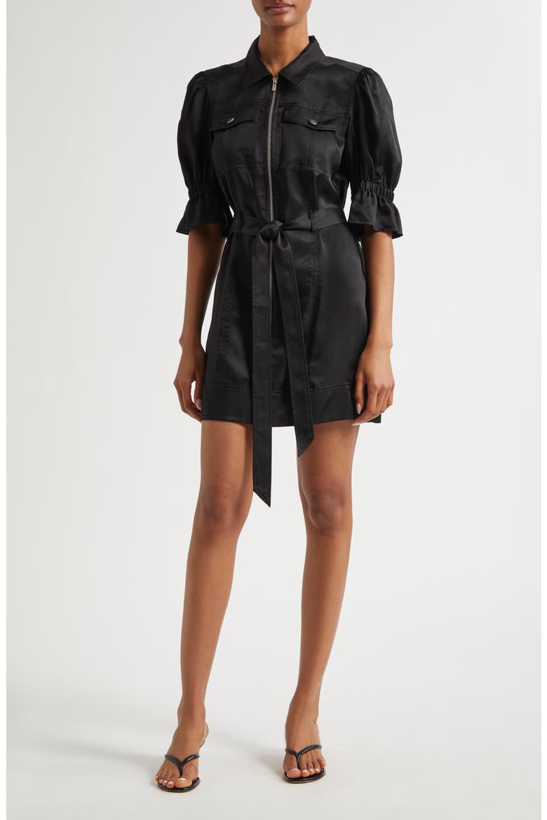 Holly Puff Sleeve Satin Dress, Alternate, color, BLACK