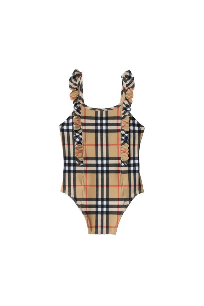 Girls' Ruffle Trim Check Swimsuit, Main, color, Sand beige