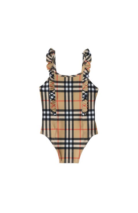 Girls' Ruffle Trim Check Swimsuit
