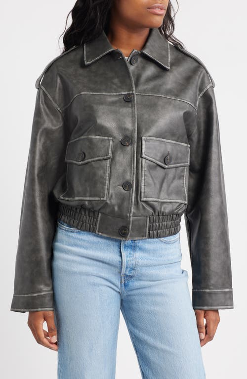 Topshop Faux Leather Cropped Button Thru Patch Pocket Bomber Jacket In Black