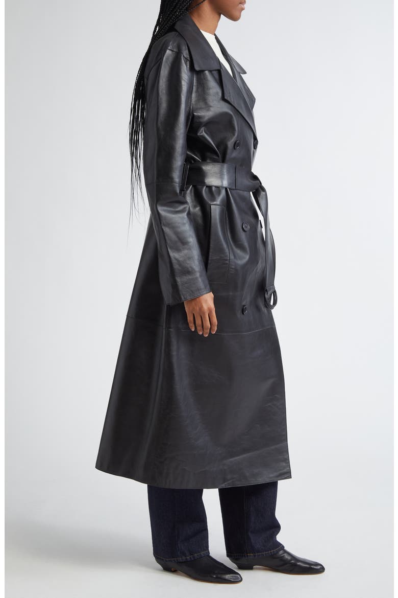 Paris Double Breasted Belted Lambskin Coat, Alternate, color, BLACK