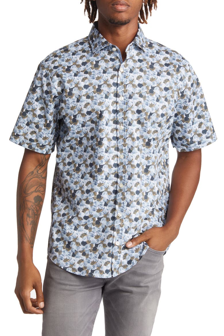 Hardy Floral Stretch Short Sleeve Button-Up Shirt, Main, color, MUSCAT