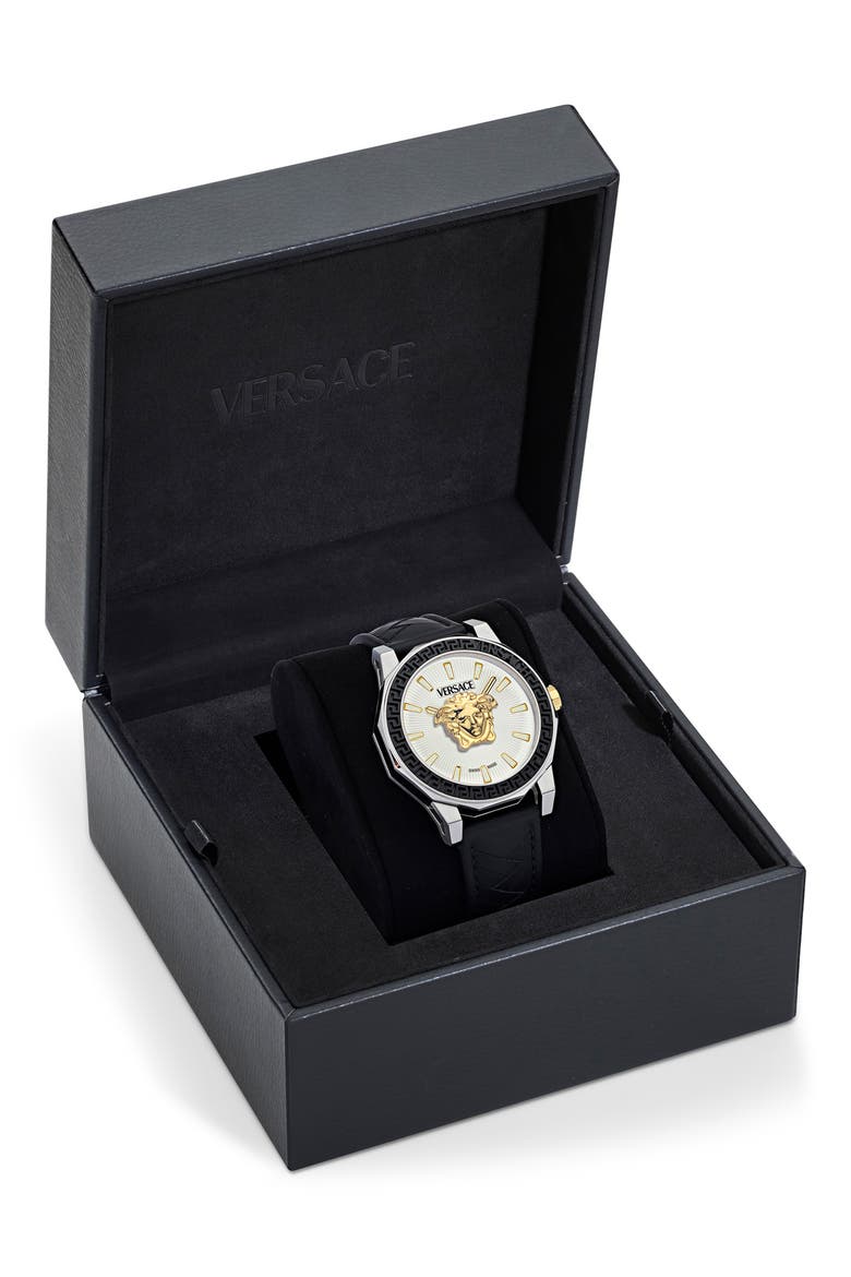 Medusa Deco Leather Strap Watch, 43mm, Alternate, color, STAINLESS STEEL