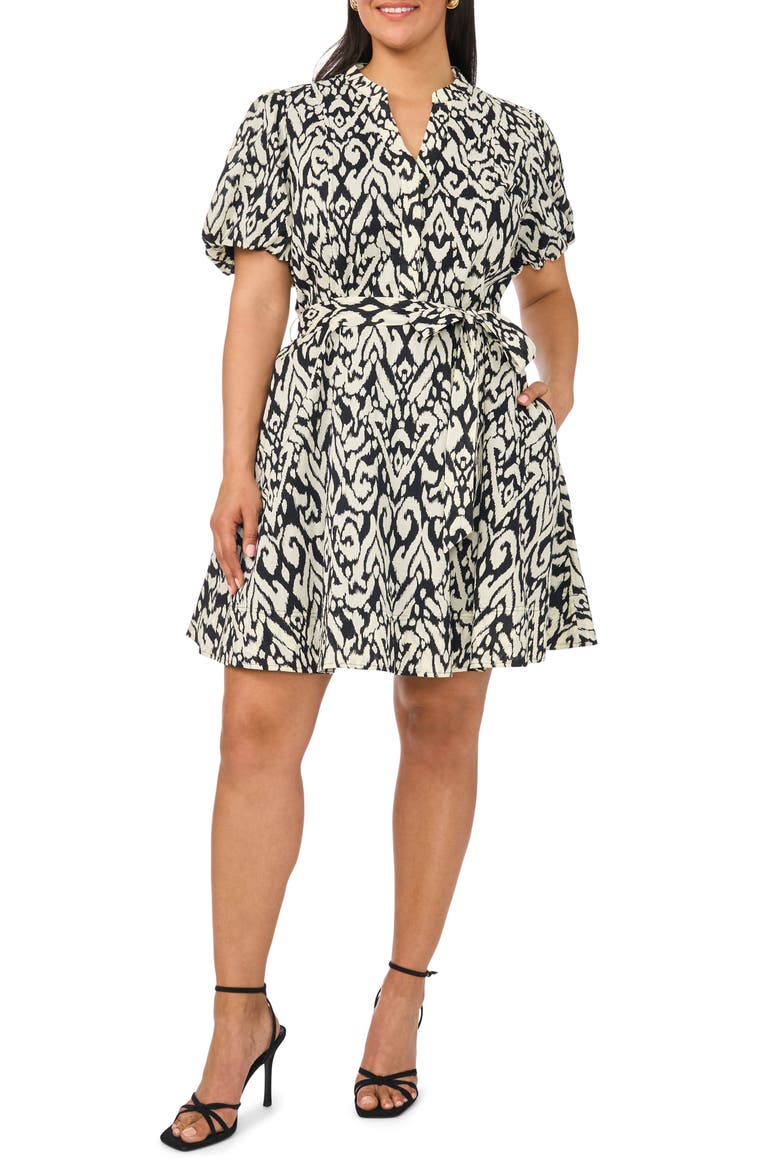 Ikat Print Puff Sleeve A-Line Minidress, Main, color, RICH BLACK