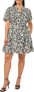 Vince Camuto Ikat Print Puff Sleeve A-Line Minidress
