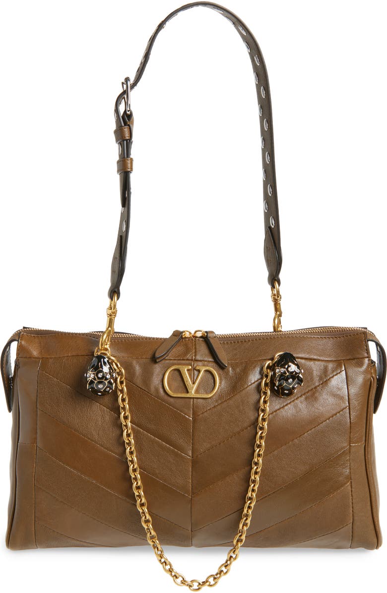 Valentino Garavani Panthea Chevron Patchwork Leather Tote, Main, color, Tundra