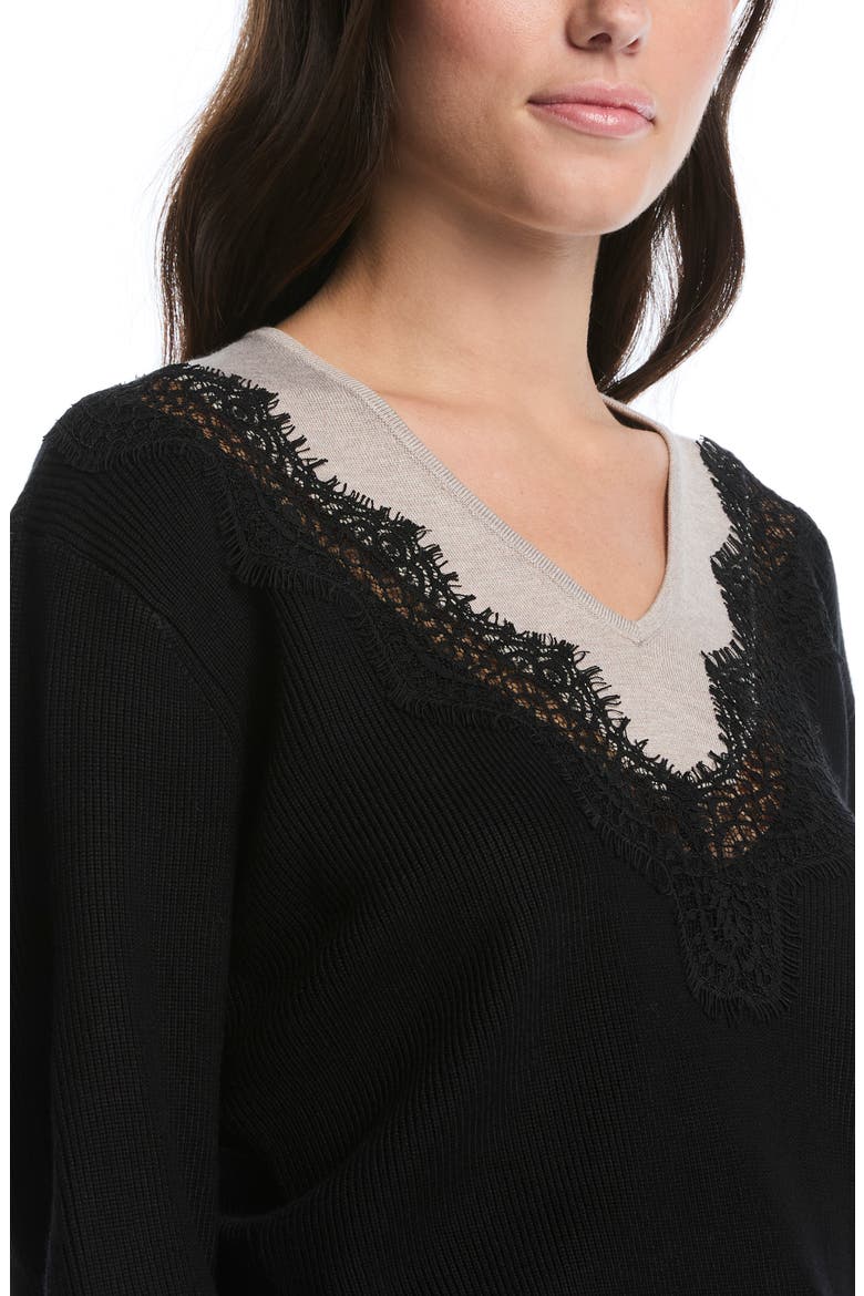 Lace Trim V-Neck Sweater, Alternate, color, BLACK