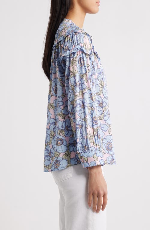 Wit & Wisdom Floral Print Smocked Yoke Button-up Top In Rose Bloom/blue Crush Multi