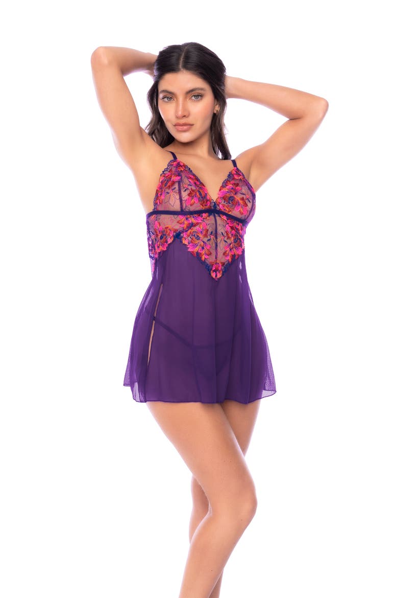 Embroidered Tulle & Mesh Babydoll & G-String Set, Alternate, color, ORCHIND OBSCURA