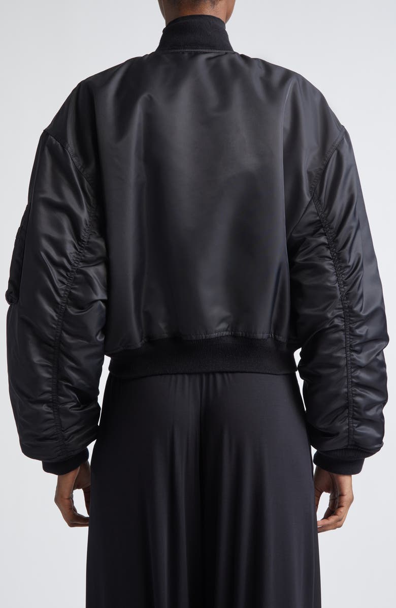 Balenciaga Ruched Sleeve Satin Bomber Jacket, Alternate, color, 1000 Black