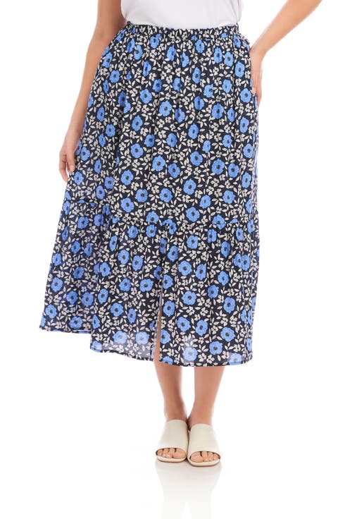 Floral Front Slit Midi Skirt (Plus)