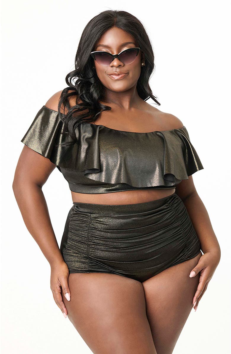 Unique Vintage Plus Size Ruffled Ramona Swim Top, Main, color, Black Gold Shimmer