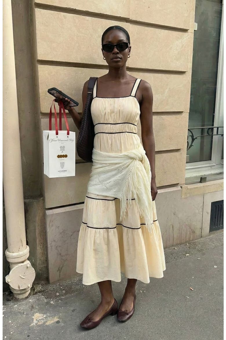 Strappy Tiered Contrast Trim Maxi Dress, Alternate, color, Pale Yellow