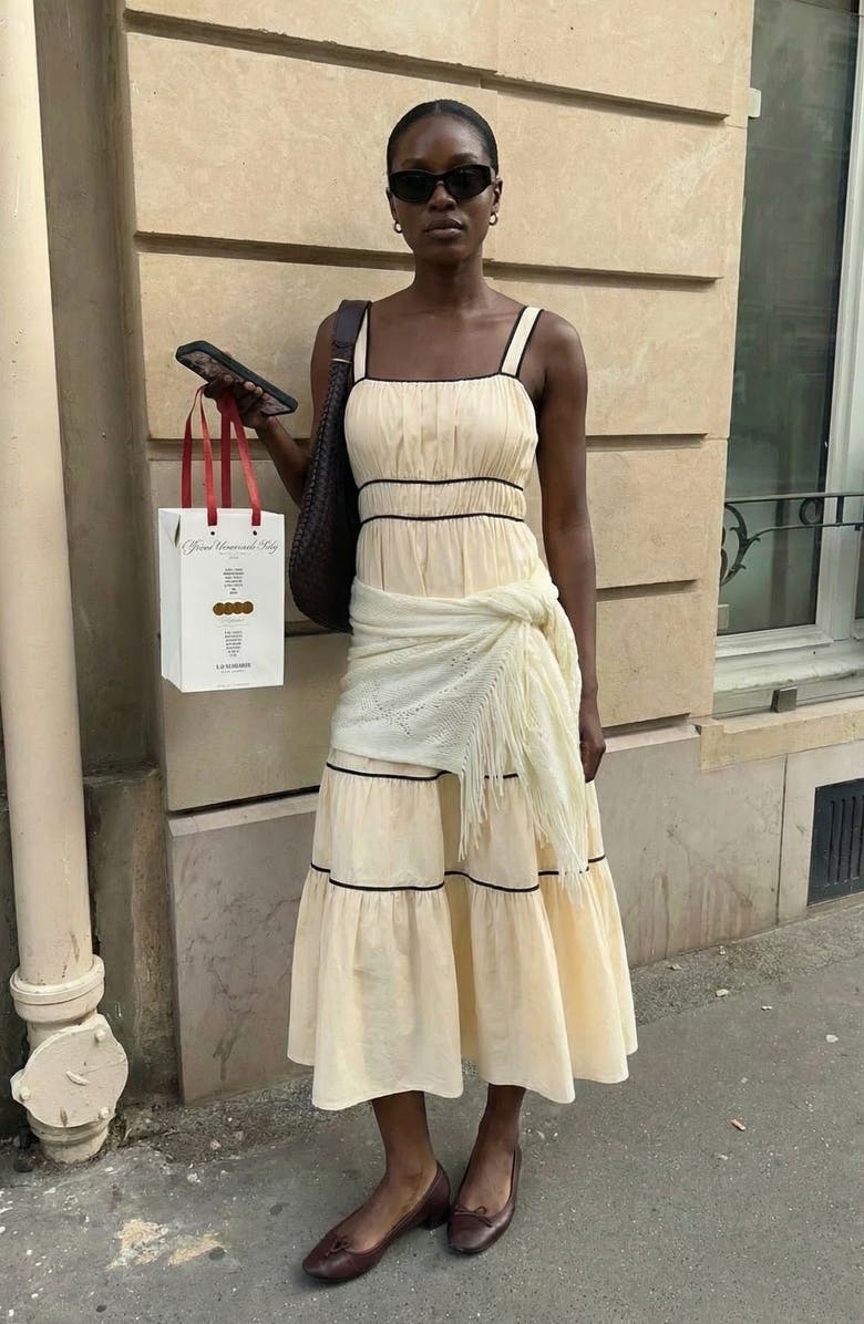 Modenaire Strappy Tiered Contrast Trim Maxi Dress, Alternate, color, Pale Yellow