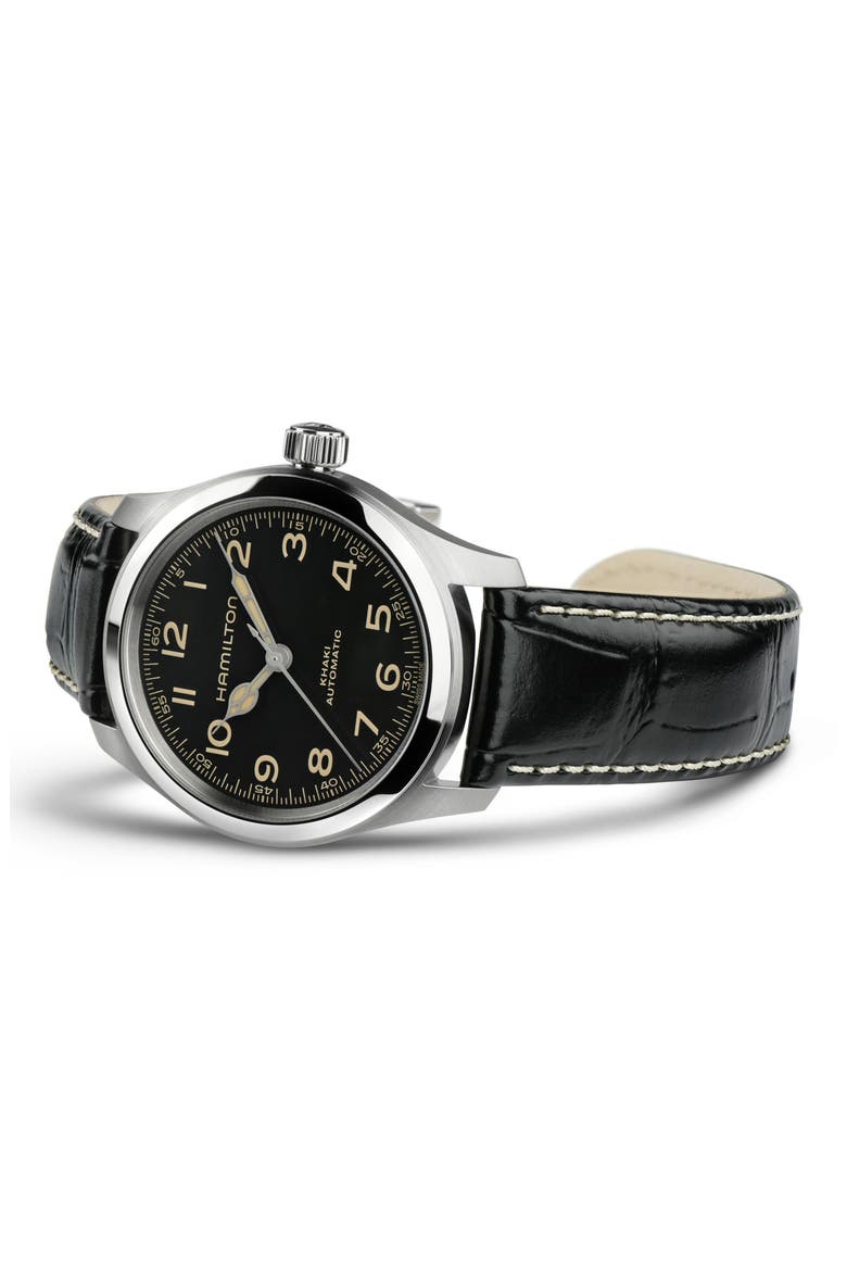 Khaki Field Murph Leather Strap Watch, 38mm, Alternate, color, BLACK