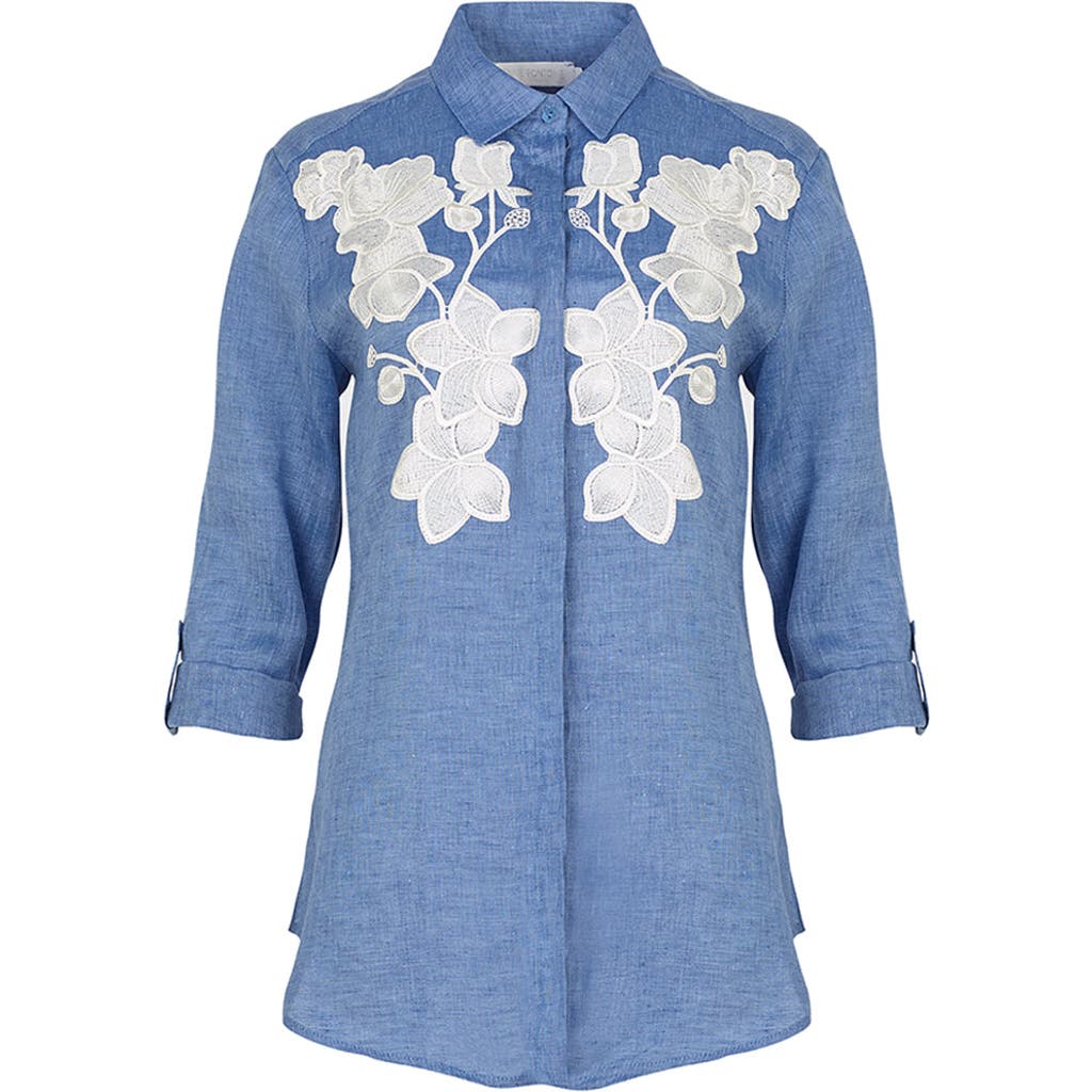 Anne Fontaine Shirt Citron Blue Linen Shirt With White Floral Applique In Blue