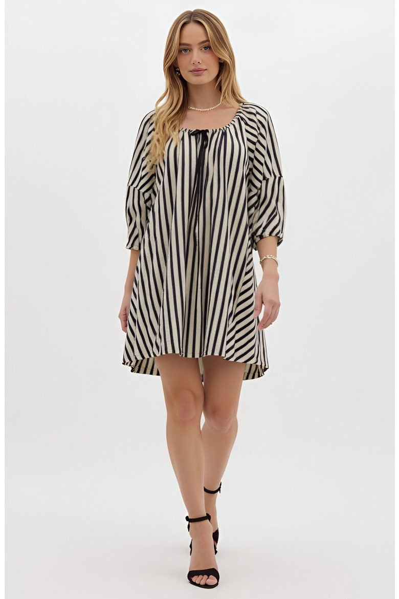 Striped Mini Dress with Tie Neckline, Pockets and 3/4 Sleeves, Main, color, Black / White Striped